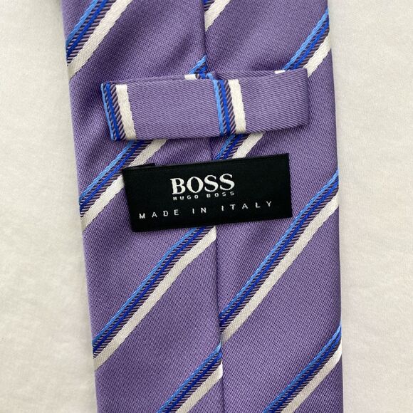 Hugo Boss Silk Tie Mens Purple Blue Striped Made In Italy Formal Dress Necktie - Picture 3 of 10